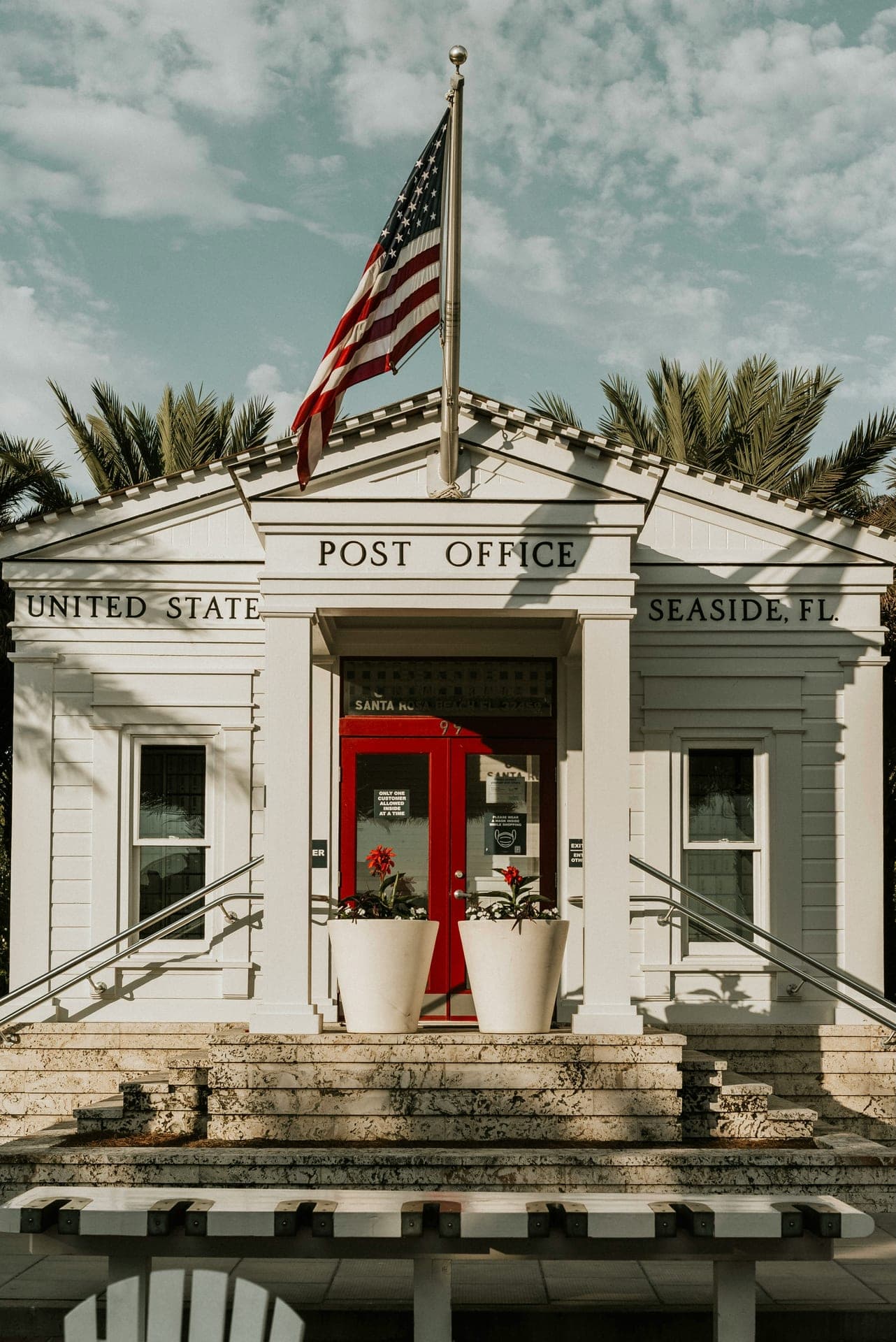 The white post office pavilion at the Seaside, Florida town center along Scenic Highway 30A.